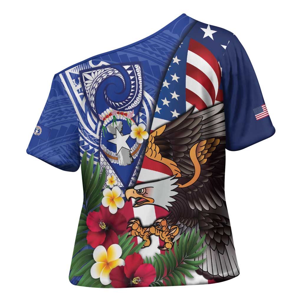 United States and Northern Mariana Islands Cross Shoulder Shirt USA Flag Eagle CNMI Latte Stone Tropical Flowers LT14 - Polynesian Pride