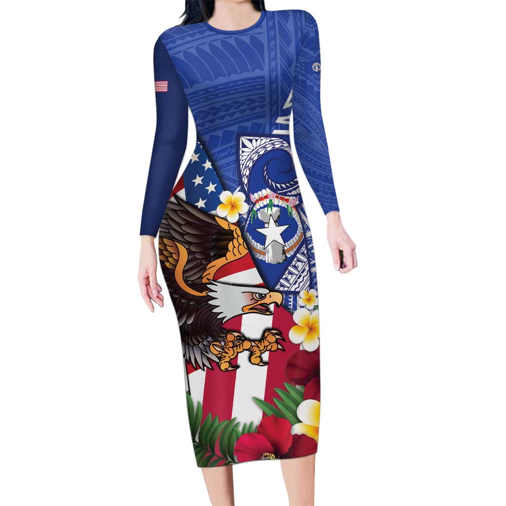 United States and Northern Mariana Islands Family Matching Long Sleeve Bodycon Dress and Hawaiian Shirt USA Flag Eagle CNMI Latte Stone Tropical Flowers LT14 Mom's Dress Blue - Polynesian Pride