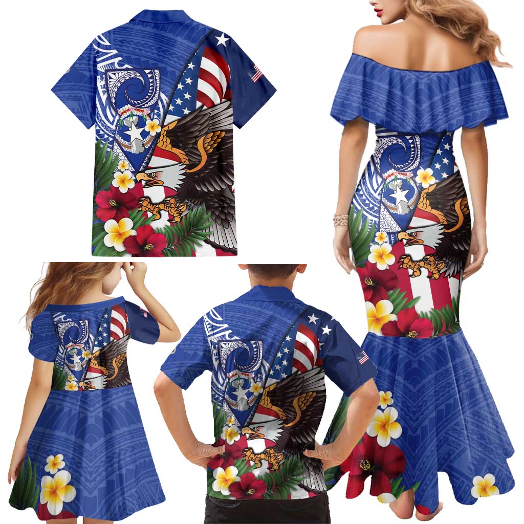 United States and Northern Mariana Islands Family Matching Mermaid Dress and Hawaiian Shirt USA Flag Eagle CNMI Latte Stone Tropical Flowers LT14 - Polynesian Pride