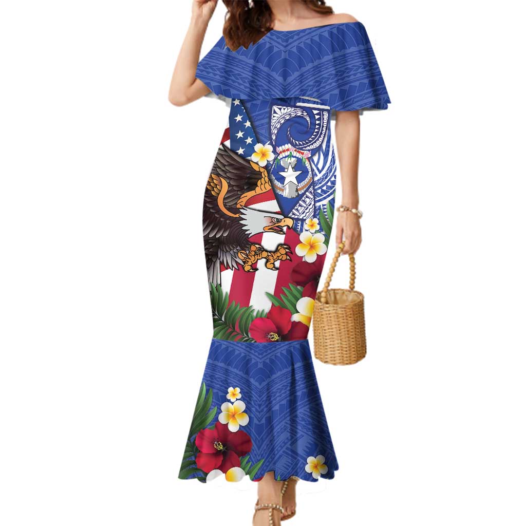 United States and Northern Mariana Islands Family Matching Mermaid Dress and Hawaiian Shirt USA Flag Eagle CNMI Latte Stone Tropical Flowers LT14 Mom's Dress Blue - Polynesian Pride