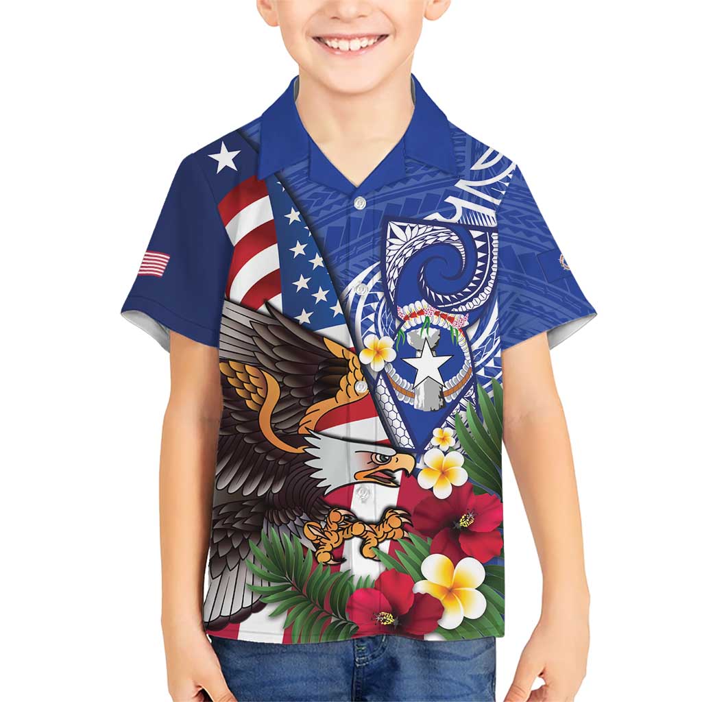 United States and Northern Mariana Islands Family Matching Mermaid Dress and Hawaiian Shirt USA Flag Eagle CNMI Latte Stone Tropical Flowers LT14 Son's Shirt Blue - Polynesian Pride