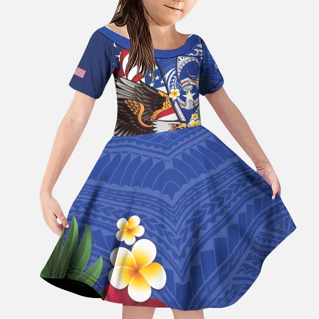 United States and Northern Mariana Islands Family Matching Off The Shoulder Long Sleeve Dress and Hawaiian Shirt USA Flag Eagle CNMI Latte Stone Tropical Flowers LT14 Daughter's Dress Blue - Polynesian Pride