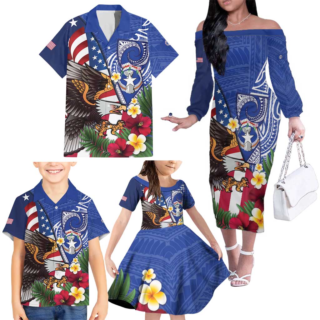 United States and Northern Mariana Islands Family Matching Off The Shoulder Long Sleeve Dress and Hawaiian Shirt USA Flag Eagle CNMI Latte Stone Tropical Flowers LT14 - Polynesian Pride