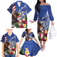 United States and Northern Mariana Islands Family Matching Off The Shoulder Long Sleeve Dress and Hawaiian Shirt USA Flag Eagle CNMI Latte Stone Tropical Flowers LT14 - Polynesian Pride