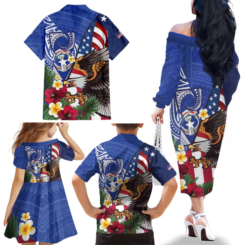United States and Northern Mariana Islands Family Matching Off The Shoulder Long Sleeve Dress and Hawaiian Shirt USA Flag Eagle CNMI Latte Stone Tropical Flowers LT14 - Polynesian Pride