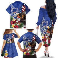 United States and Northern Mariana Islands Family Matching Off The Shoulder Long Sleeve Dress and Hawaiian Shirt USA Flag Eagle CNMI Latte Stone Tropical Flowers LT14 - Polynesian Pride