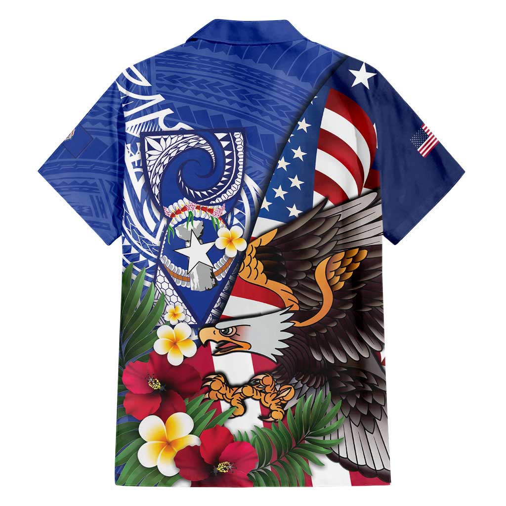 United States and Northern Mariana Islands Family Matching Off The Shoulder Long Sleeve Dress and Hawaiian Shirt USA Flag Eagle CNMI Latte Stone Tropical Flowers LT14 - Polynesian Pride