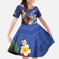 United States and Northern Mariana Islands Family Matching Off Shoulder Maxi Dress and Hawaiian Shirt USA Flag Eagle CNMI Latte Stone Tropical Flowers LT14 Daughter's Dress Blue - Polynesian Pride