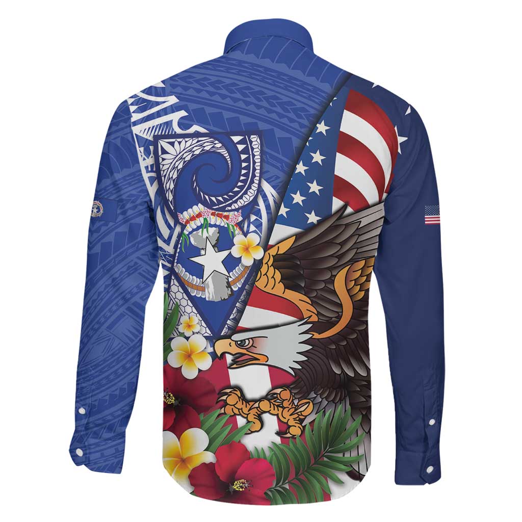 United States and Northern Mariana Islands Family Matching Off Shoulder Maxi Dress and Hawaiian Shirt USA Flag Eagle CNMI Latte Stone Tropical Flowers LT14 - Polynesian Pride