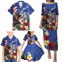 United States and Northern Mariana Islands Family Matching Puletasi and Hawaiian Shirt USA Flag Eagle CNMI Latte Stone Tropical Flowers LT14 - Polynesian Pride