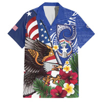 United States and Northern Mariana Islands Family Matching Puletasi and Hawaiian Shirt USA Flag Eagle CNMI Latte Stone Tropical Flowers LT14 Dad's Shirt - Short Sleeve Blue - Polynesian Pride