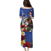 United States and Northern Mariana Islands Family Matching Puletasi and Hawaiian Shirt USA Flag Eagle CNMI Latte Stone Tropical Flowers LT14 - Polynesian Pride