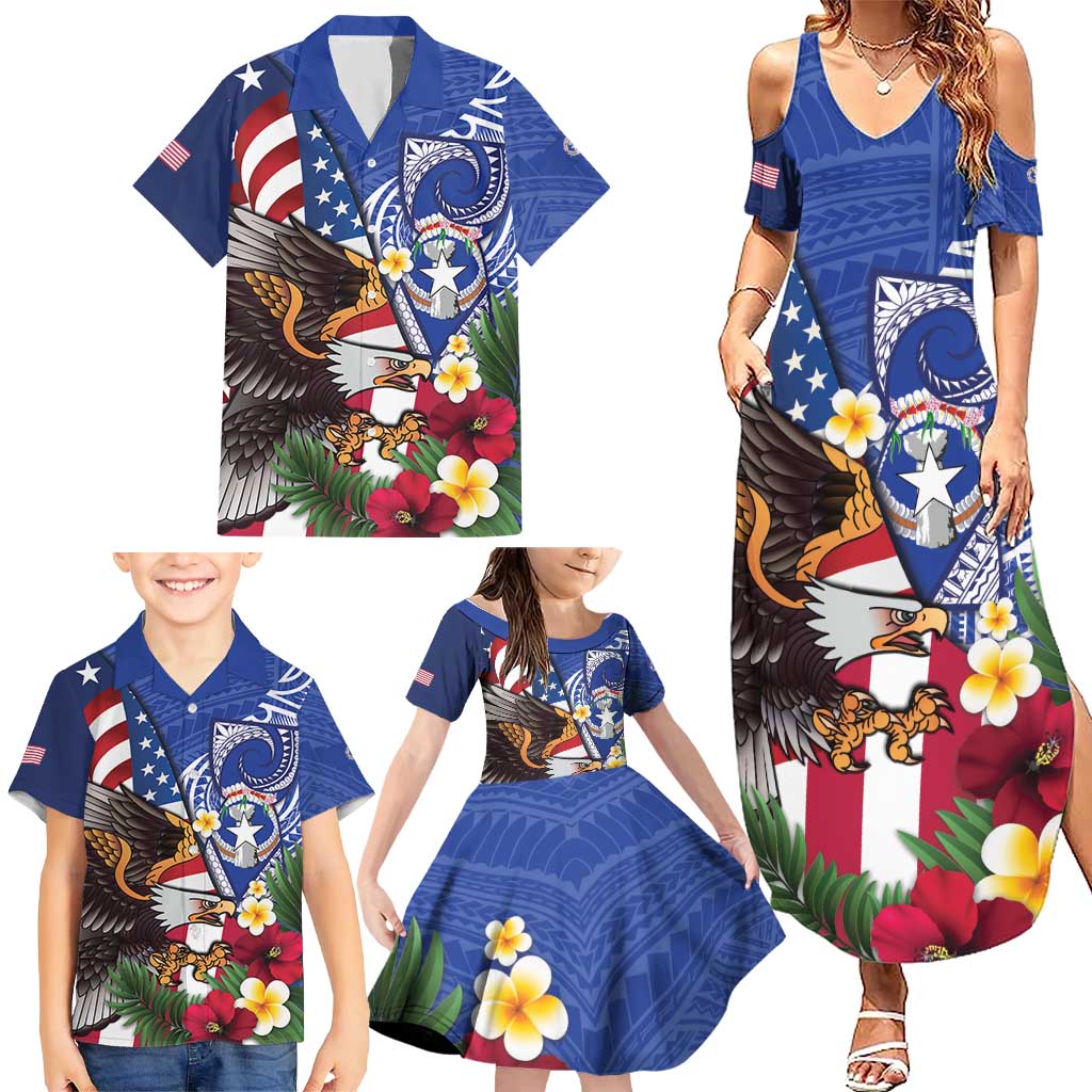 United States and Northern Mariana Islands Family Matching Summer Maxi Dress and Hawaiian Shirt USA Flag Eagle CNMI Latte Stone Tropical Flowers LT14 - Polynesian Pride
