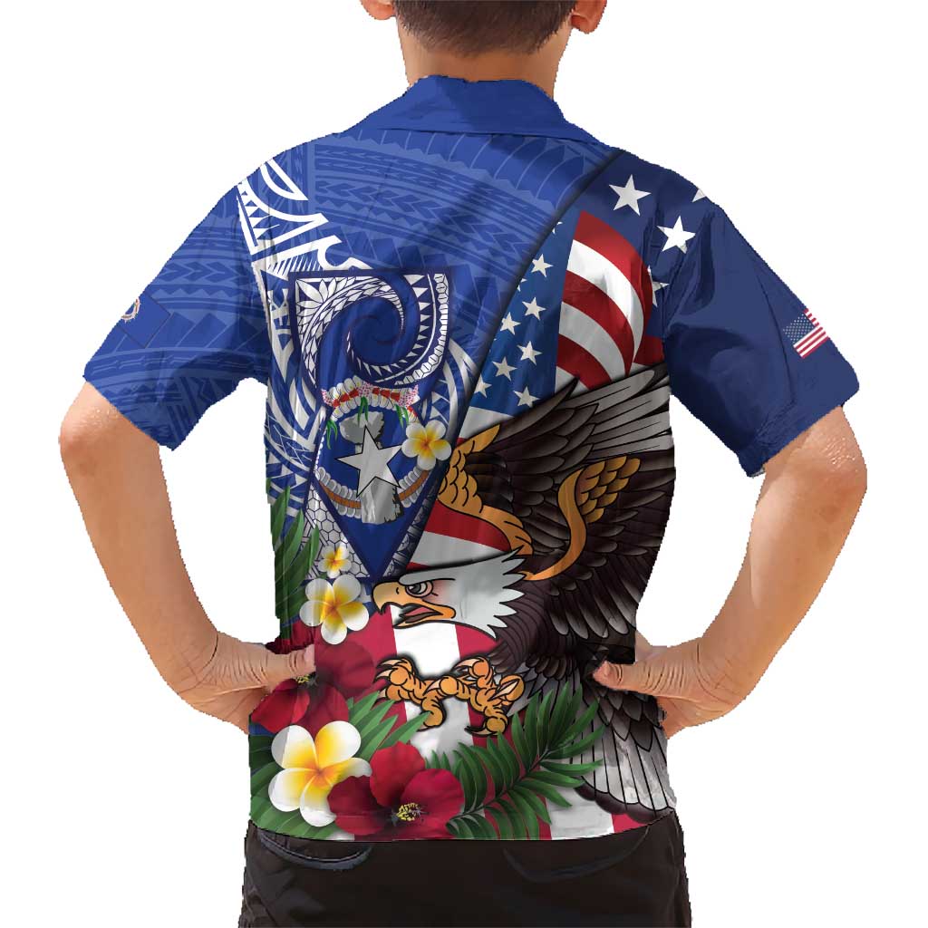 United States and Northern Mariana Islands Family Matching Tank Maxi Dress and Hawaiian Shirt USA Flag Eagle CNMI Latte Stone Tropical Flowers LT14 - Polynesian Pride