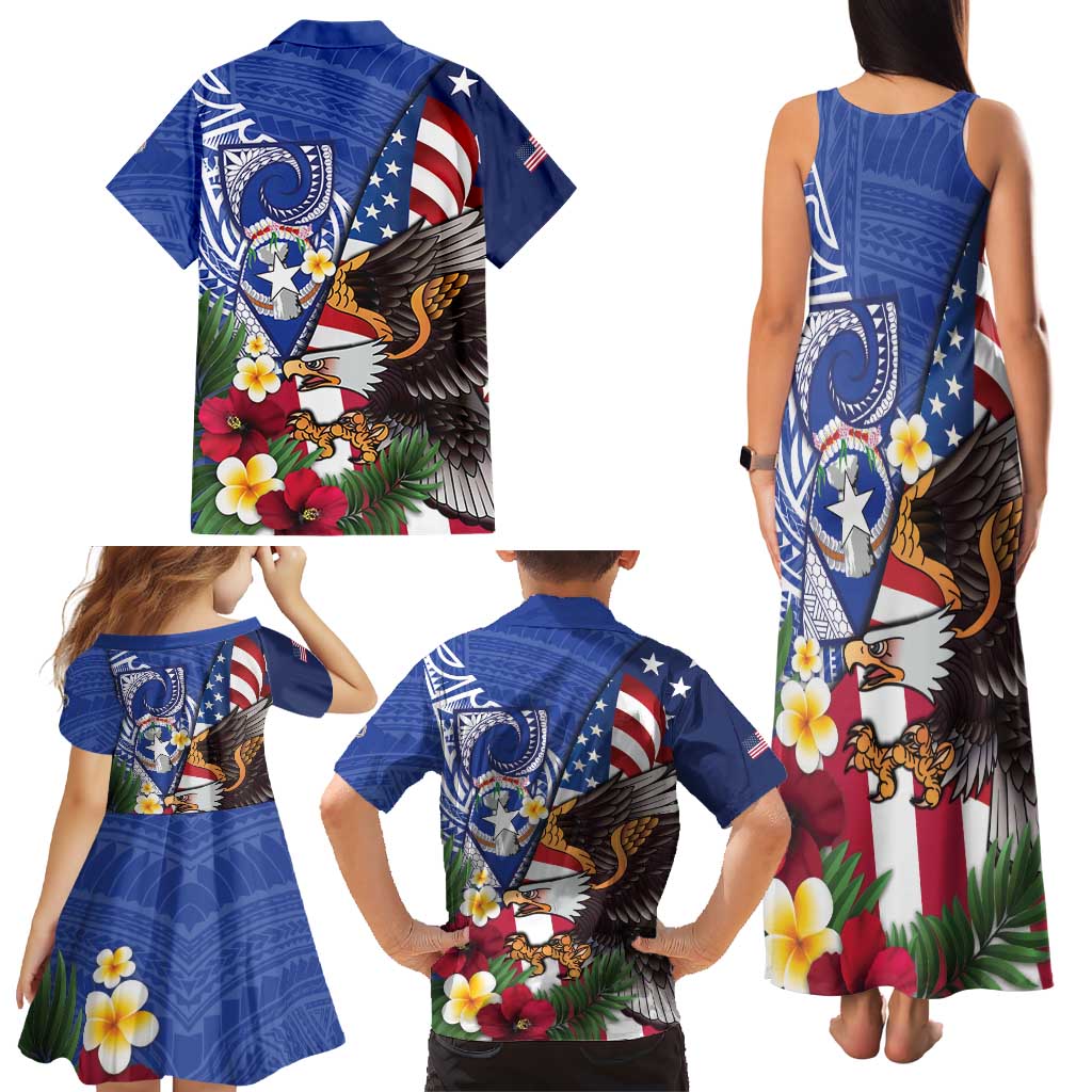 United States and Northern Mariana Islands Family Matching Tank Maxi Dress and Hawaiian Shirt USA Flag Eagle CNMI Latte Stone Tropical Flowers LT14 - Polynesian Pride