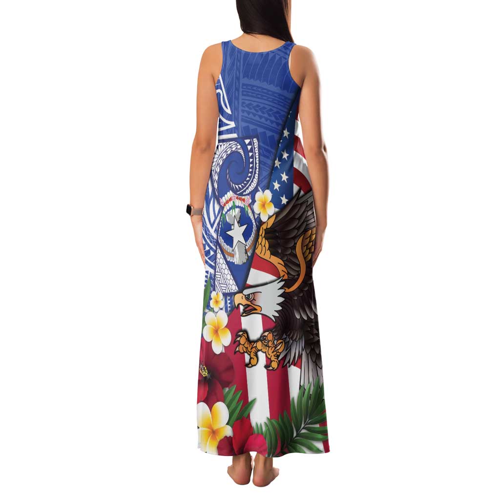 United States and Northern Mariana Islands Family Matching Tank Maxi Dress and Hawaiian Shirt USA Flag Eagle CNMI Latte Stone Tropical Flowers LT14 - Polynesian Pride