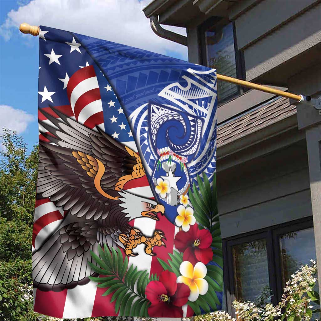 United States and Northern Mariana Islands Garden Flag USA Flag Eagle CNMI Latte Stone Tropical Flowers