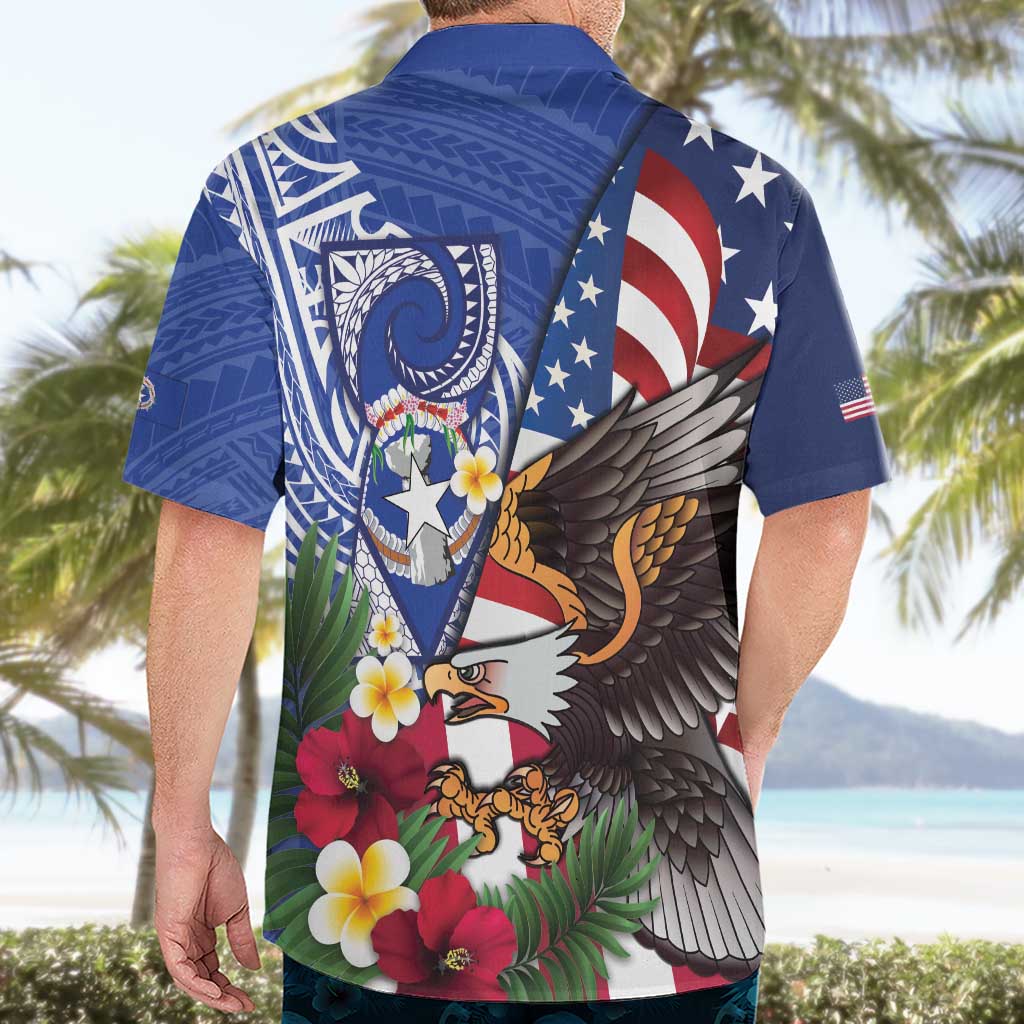 United States and Northern Mariana Islands Hawaiian Shirt USA Flag Eagle CNMI Latte Stone Tropical Flowers LT14 - Polynesian Pride