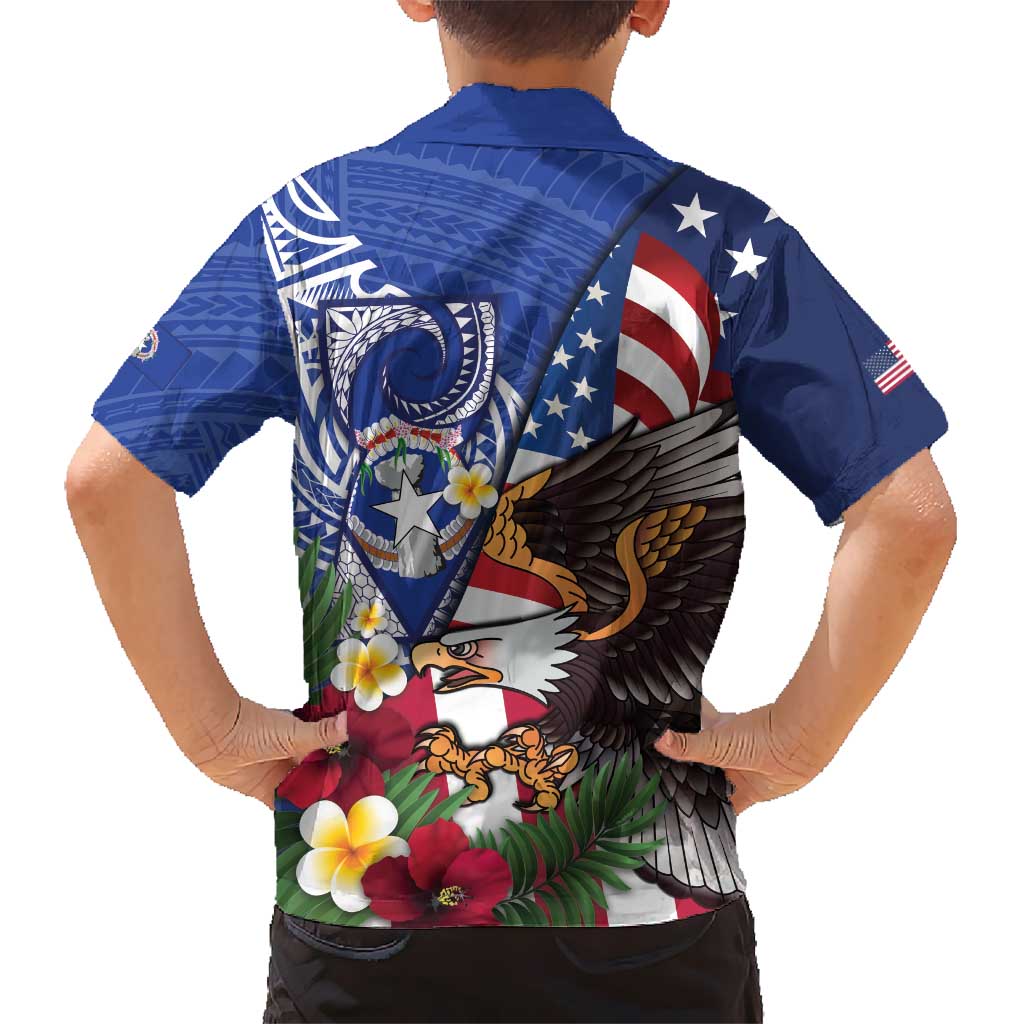 United States and Northern Mariana Islands Hawaiian Shirt USA Flag Eagle CNMI Latte Stone Tropical Flowers LT14 - Polynesian Pride