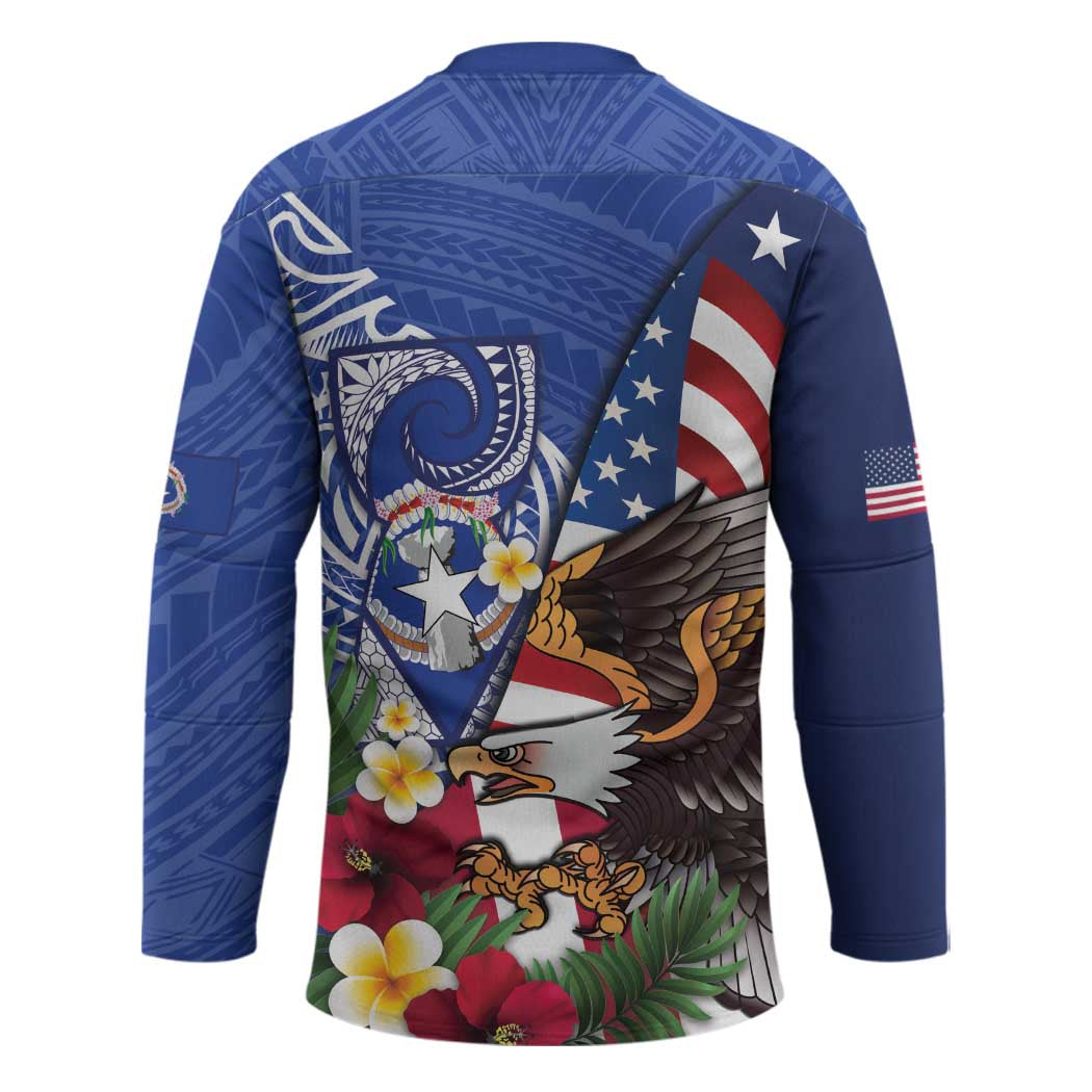 United States and Northern Mariana Islands Hockey Jersey USA Flag Eagle CNMI Latte Stone Tropical Flowers LT14 - Polynesian Pride