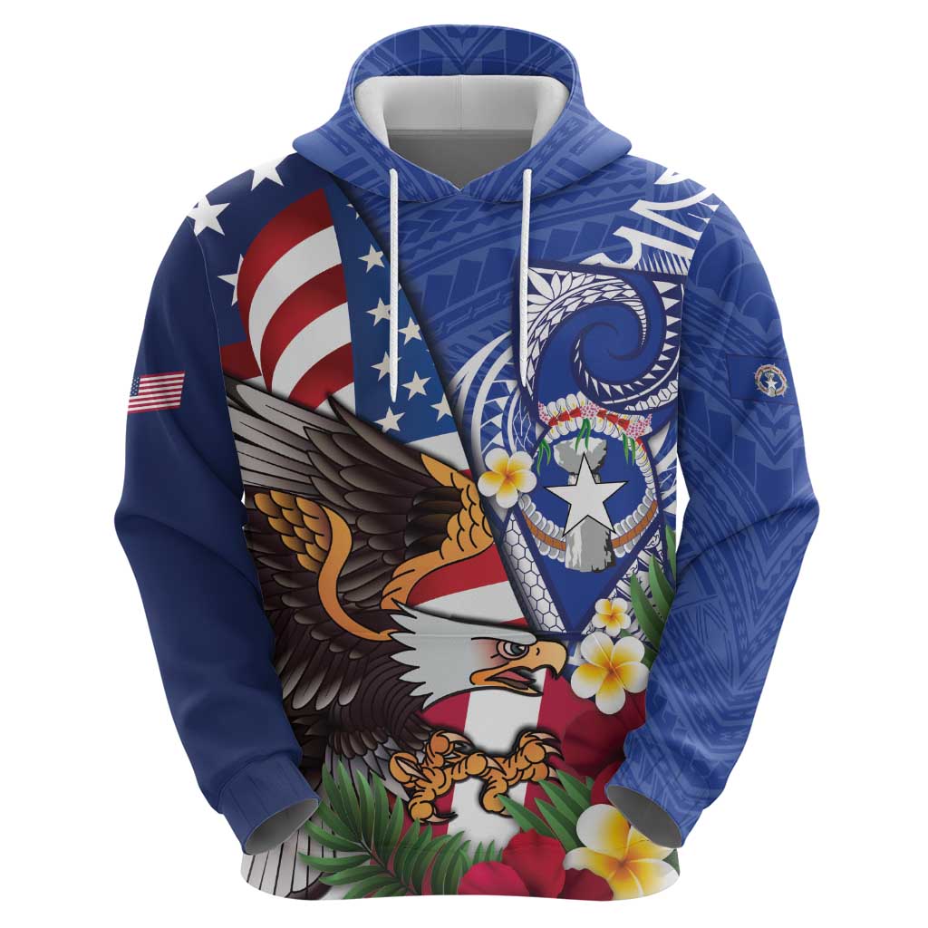 United States and Northern Mariana Islands Hoodie USA Flag Eagle CNMI Latte Stone Tropical Flowers LT14 - Polynesian Pride
