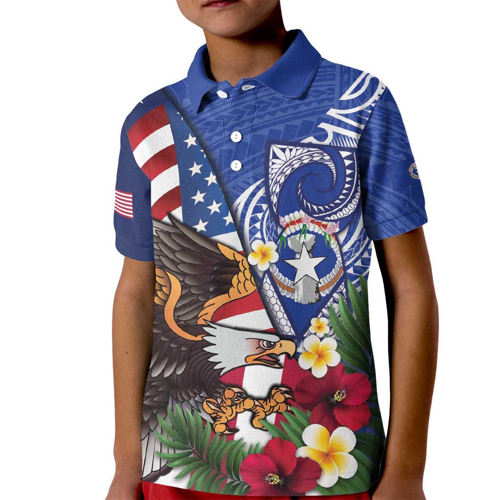 United States and Northern Mariana Islands Kid Polo Shirt USA Flag Eagle CNMI Latte Stone Tropical Flowers LT14 Kid Blue - Polynesian Pride