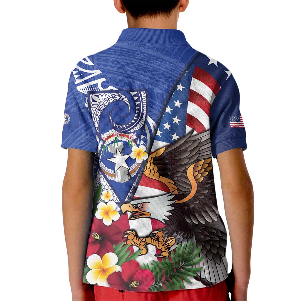 United States and Northern Mariana Islands Kid Polo Shirt USA Flag Eagle CNMI Latte Stone Tropical Flowers LT14 - Polynesian Pride