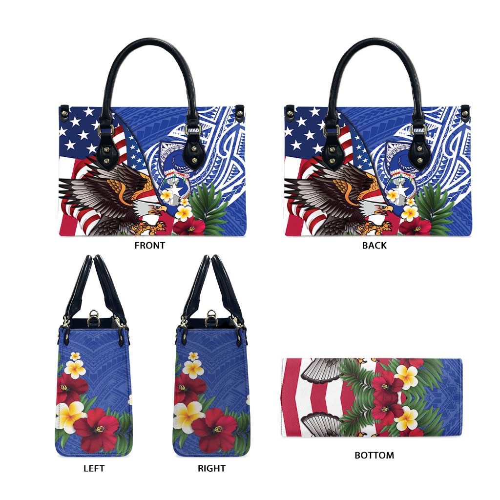 United States and Northern Mariana Islands Leather Bag USA Flag Eagle CNMI Latte Stone Tropical Flowers