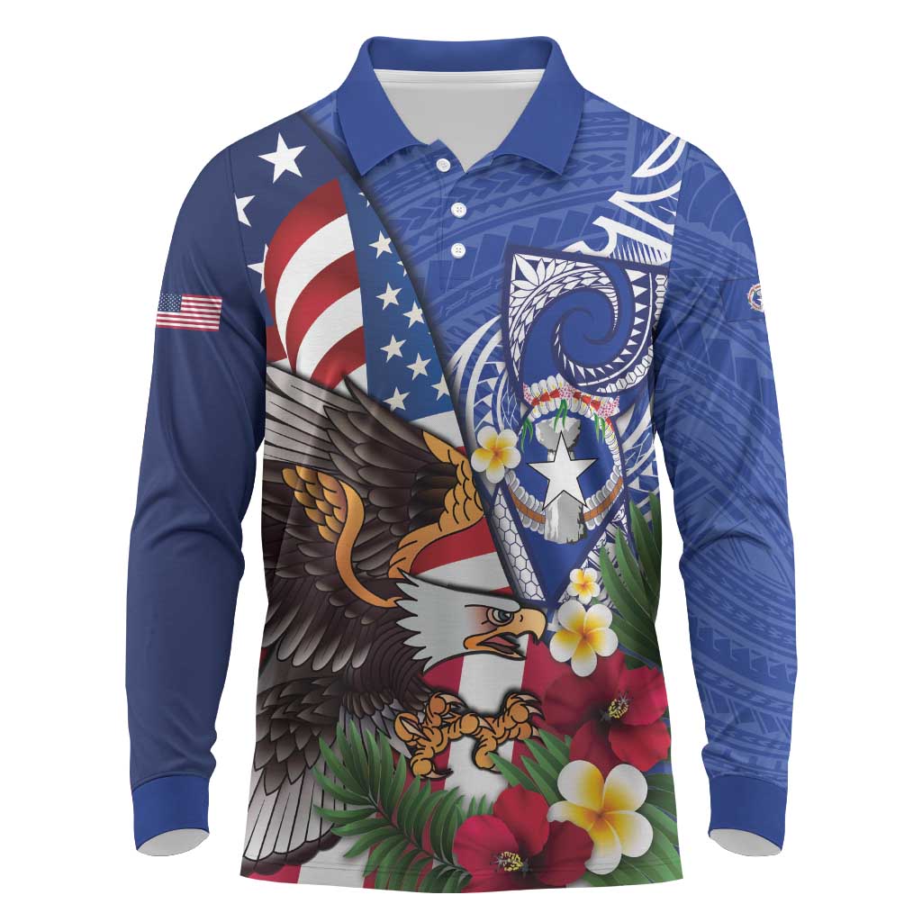 United States and Northern Mariana Islands Long Sleeve Polo Shirt USA Flag Eagle CNMI Latte Stone Tropical Flowers LT14 Blue - Polynesian Pride