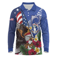 United States and Northern Mariana Islands Long Sleeve Polo Shirt USA Flag Eagle CNMI Latte Stone Tropical Flowers LT14 Blue - Polynesian Pride