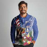United States and Northern Mariana Islands Long Sleeve Polo Shirt USA Flag Eagle CNMI Latte Stone Tropical Flowers LT14 - Polynesian Pride