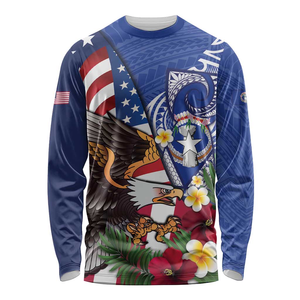 United States and Northern Mariana Islands Long Sleeve Shirt USA Flag Eagle CNMI Latte Stone Tropical Flowers LT14 Unisex Blue - Polynesian Pride