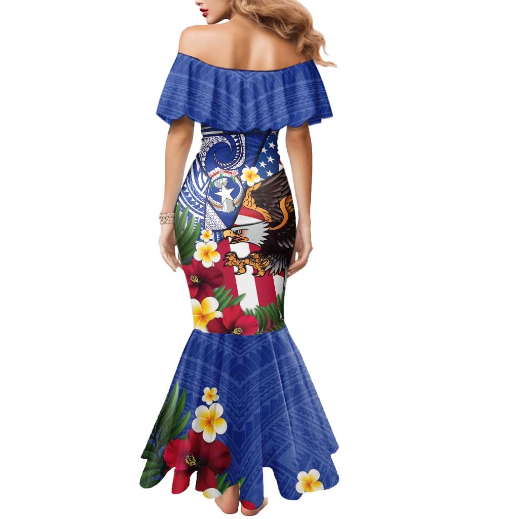 United States and Northern Mariana Islands Mermaid Dress USA Flag Eagle CNMI Latte Stone Tropical Flowers LT14 - Polynesian Pride