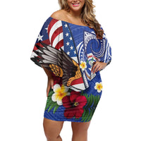 United States and Northern Mariana Islands Off Shoulder Short Dress USA Flag Eagle CNMI Latte Stone Tropical Flowers LT14 Women Blue - Polynesian Pride