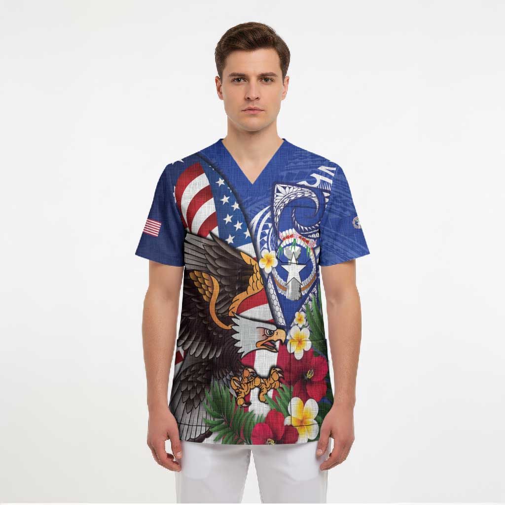 United States and Northern Mariana Islands Scrub Top USA Flag Eagle CNMI Latte Stone Tropical Flowers