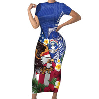 United States and Northern Mariana Islands Short Sleeve Bodycon Dress USA Flag Eagle CNMI Latte Stone Tropical Flowers LT14 Long Dress Blue - Polynesian Pride