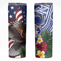 United States and Northern Mariana Islands Skinny Tumbler USA Flag Eagle CNMI Latte Stone Tropical Flowers LT14 Blue - Polynesian Pride