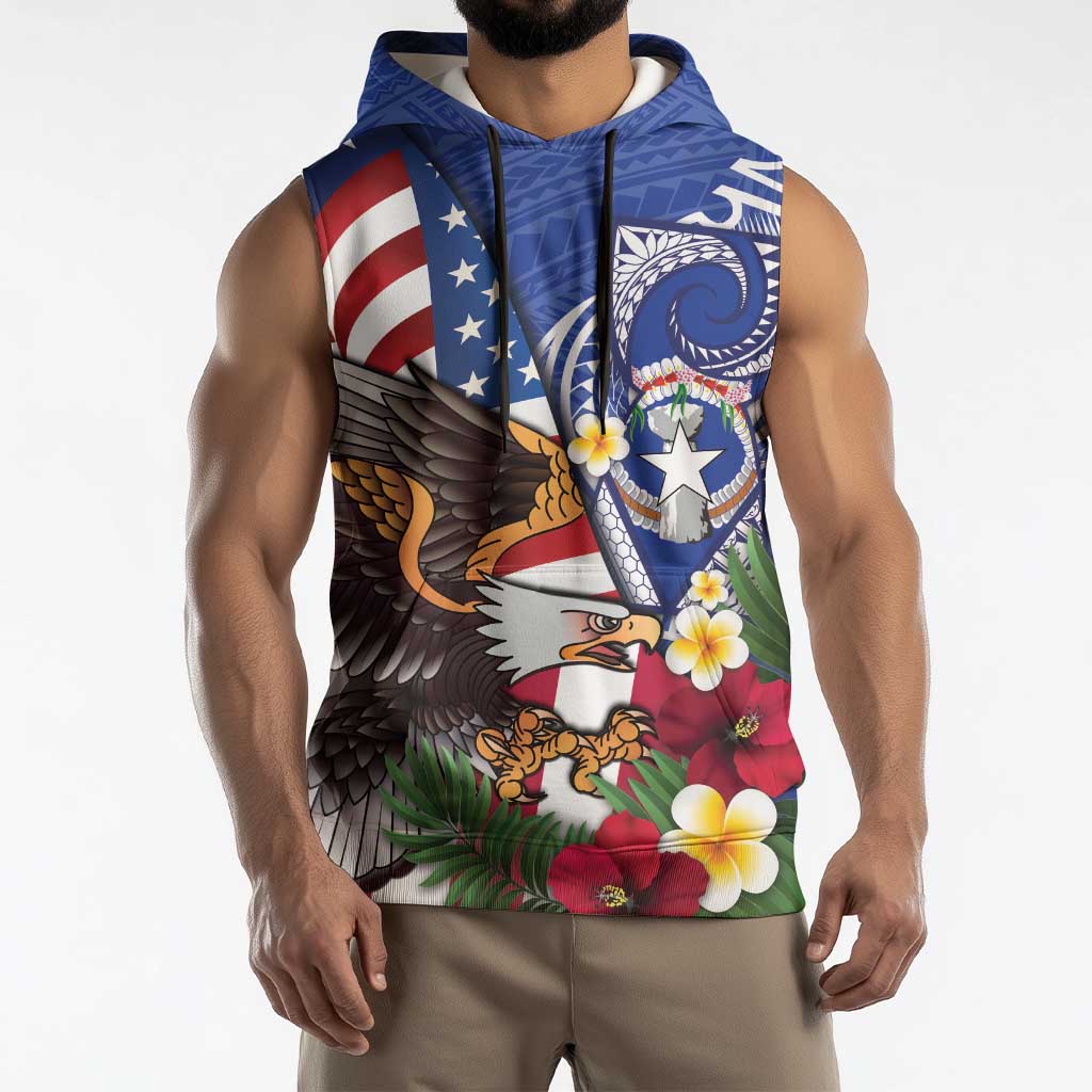 United States and Northern Mariana Islands Sleeveless Hoodie USA Flag Eagle CNMI Latte Stone Tropical Flowers LT14 - Polynesian Pride