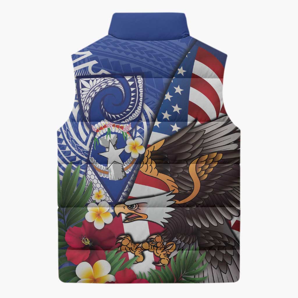 United States and Northern Mariana Islands Sleeveless Puffer Jacket USA Flag Eagle CNMI Latte Stone Tropical Flowers