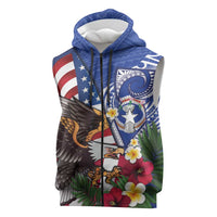 United States and Northern Mariana Islands Sleeveless Zip Hoodie USA Flag Eagle CNMI Latte Stone Tropical Flowers LT14 Blue - Polynesian Pride