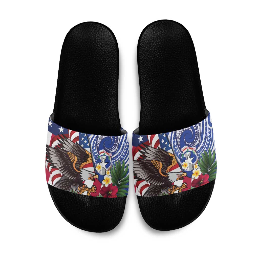 United States and Northern Mariana Islands Slide Sandals USA Flag Eagle CNMI Latte Stone Tropical Flowers