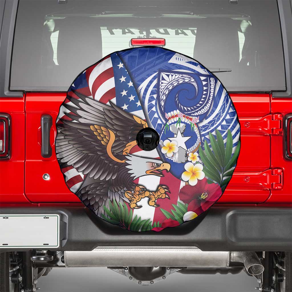 United States and Northern Mariana Islands Spare Tire Cover USA Flag Eagle CNMI Latte Stone Tropical Flowers LT14 - Polynesian Pride