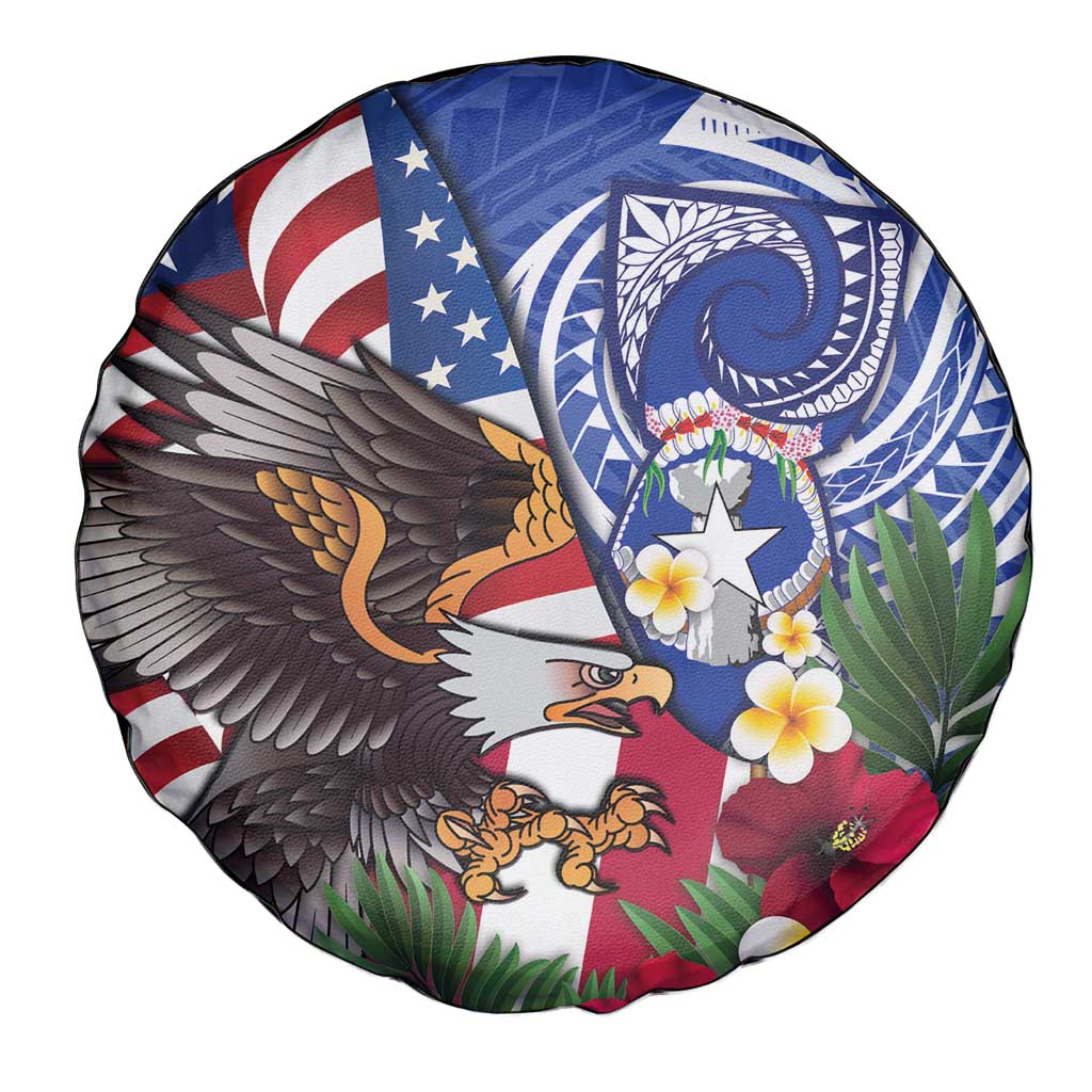 United States and Northern Mariana Islands Spare Tire Cover USA Flag Eagle CNMI Latte Stone Tropical Flowers LT14 - Polynesian Pride