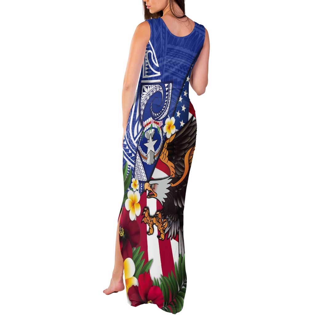 United States and Northern Mariana Islands Tank Maxi Dress USA Flag Eagle CNMI Latte Stone Tropical Flowers LT14 - Polynesian Pride