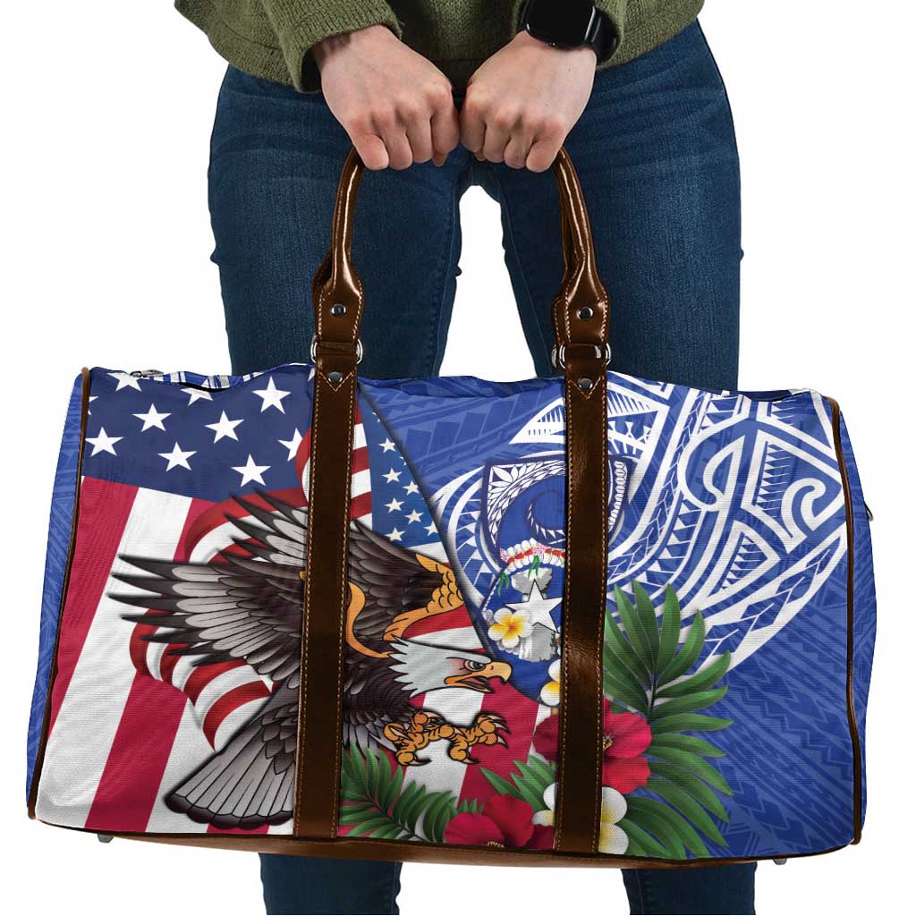 United States and Northern Mariana Islands Travel Bag USA Flag Eagle CNMI Latte Stone Tropical Flowers LT14 Blue - Polynesian Pride