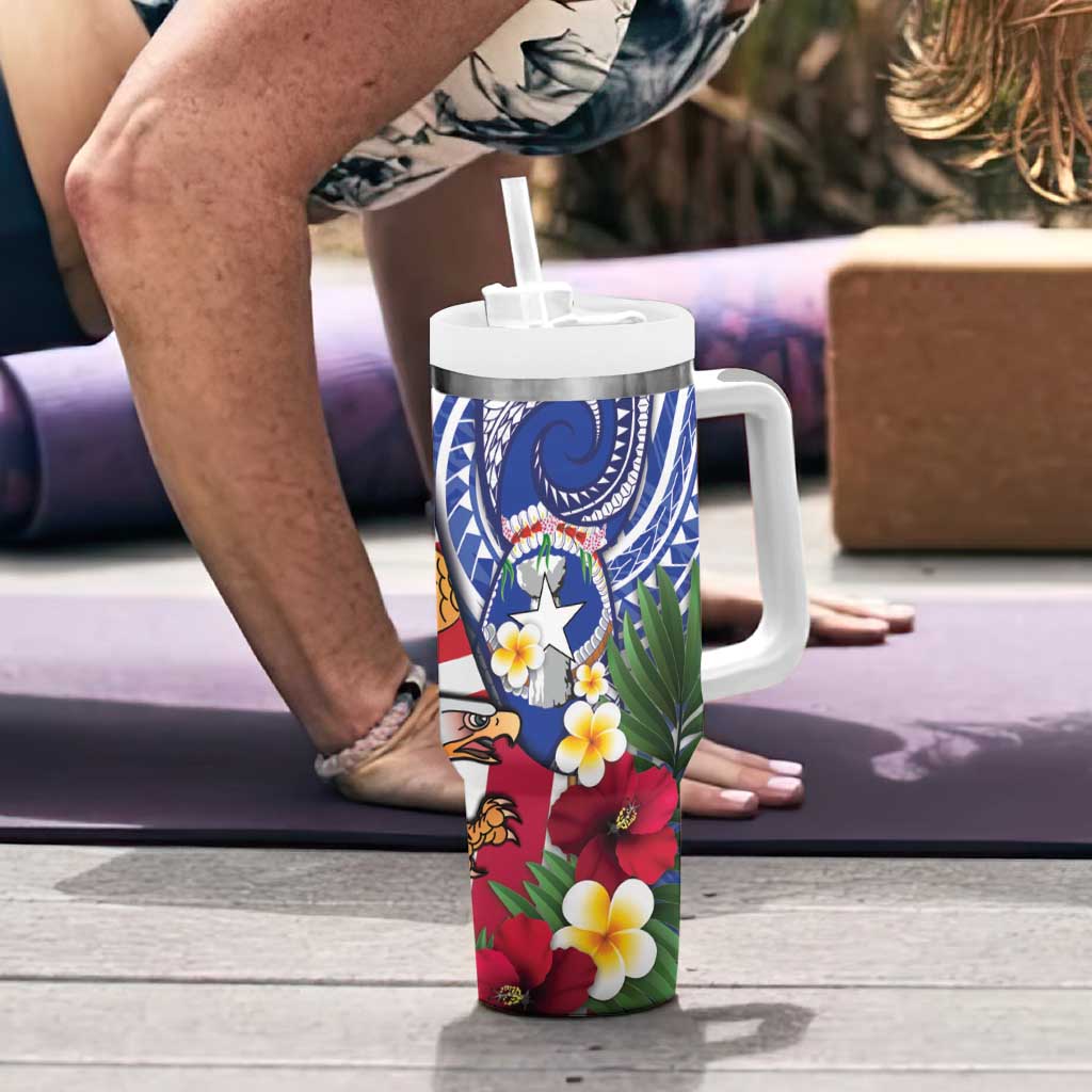 United States and Northern Mariana Islands Tumbler With Handle USA Flag Eagle CNMI Latte Stone Tropical Flowers