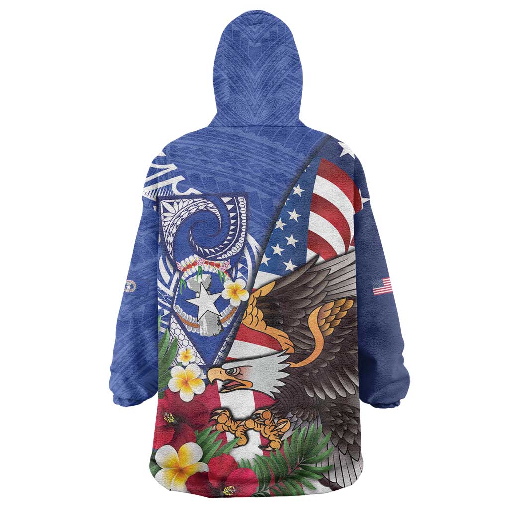 United States and Northern Mariana Islands Wearable Blanket Hoodie USA Flag Eagle CNMI Latte Stone Tropical Flowers LT14 - Polynesian Pride
