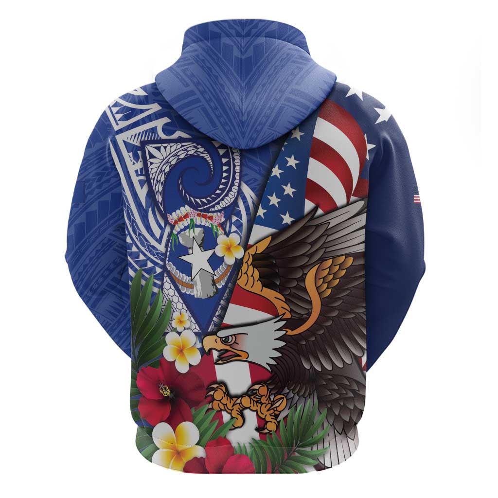 United States and Northern Mariana Islands Zip Hoodie USA Flag Eagle CNMI Latte Stone Tropical Flowers LT14 - Polynesian Pride