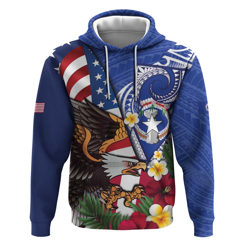 United States and Northern Mariana Islands Zip Hoodie USA Flag Eagle CNMI Latte Stone Tropical Flowers LT14 Pullover Hoodie Blue - Polynesian Pride
