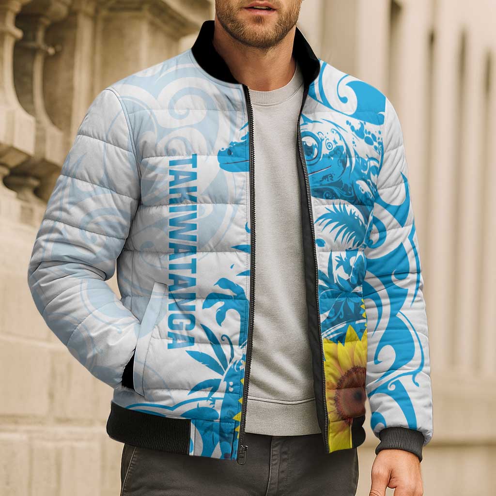 New Zealand Autism Awareness Month Bomber Puffer Jacket Takiwatanga Maori Lizard With Sunflower - Polynesian Pride